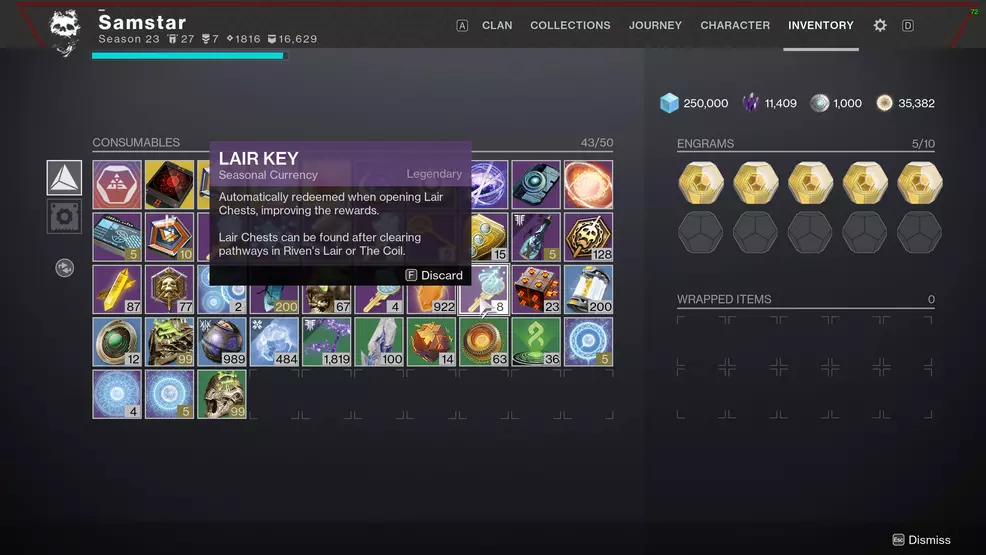 Inspecting the Lair Keys in the Inventory
