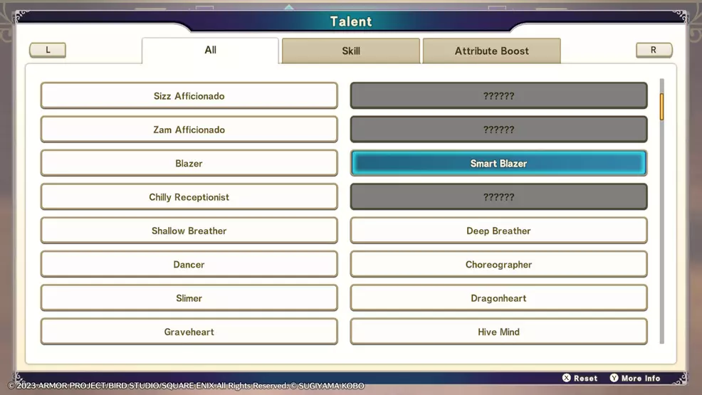 The list of talents in the Monsterpedia in DQM the dark prince