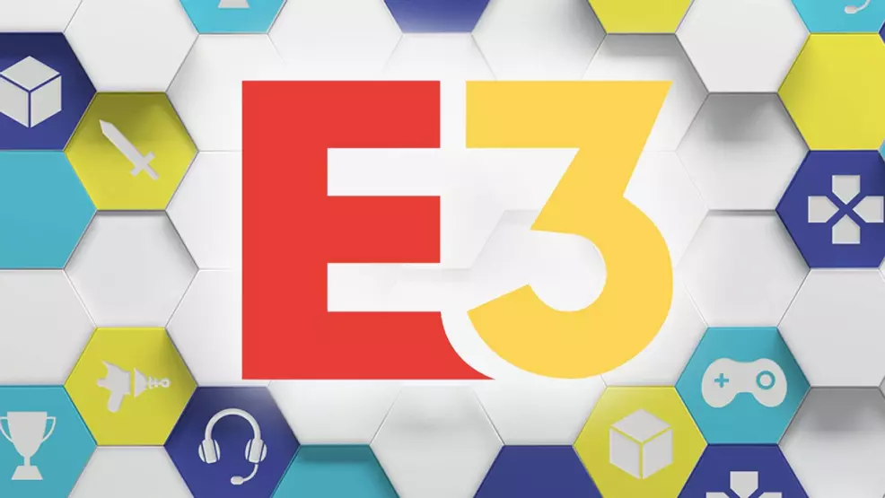 The E3 logo on top of multicolored hexagons.