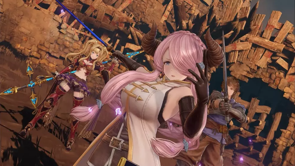 A victory screen featuring Narmaya, Gran, and Zeta in Granblue Fantasy: Relink