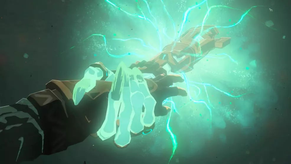 Image showing a robotic hand reaching out to grab Link's hand.