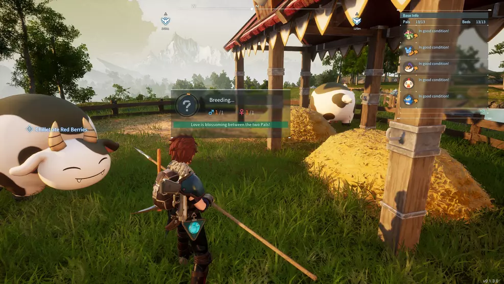 The Breeding Farm tooltip showing a male and female Pal and that breeding is happening