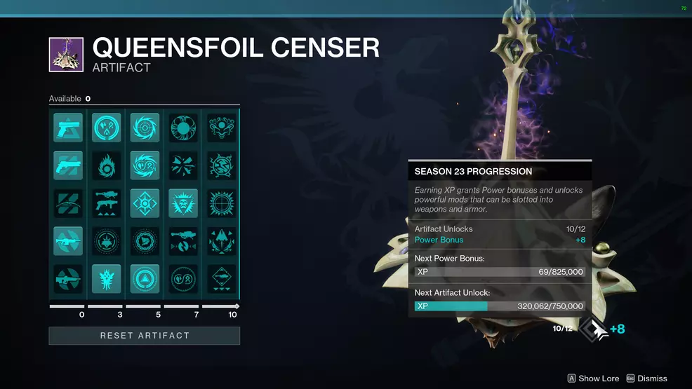 The Season of the Wish artifact showing Perk and Power XP progress