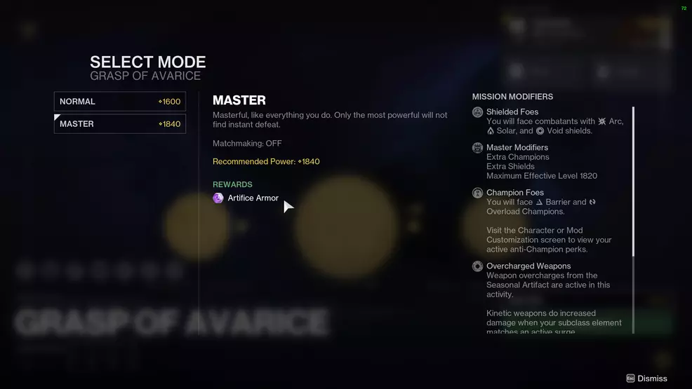 The Grasp of Avarice Master difficulty screen showing Artifice Armor as a reward