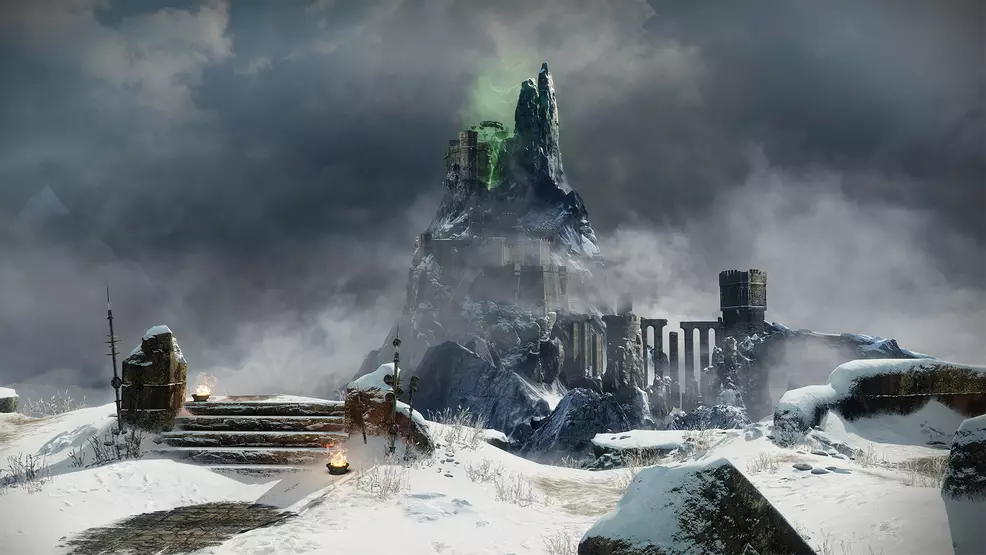 The castle from Warlord's Ruin sits in the distance