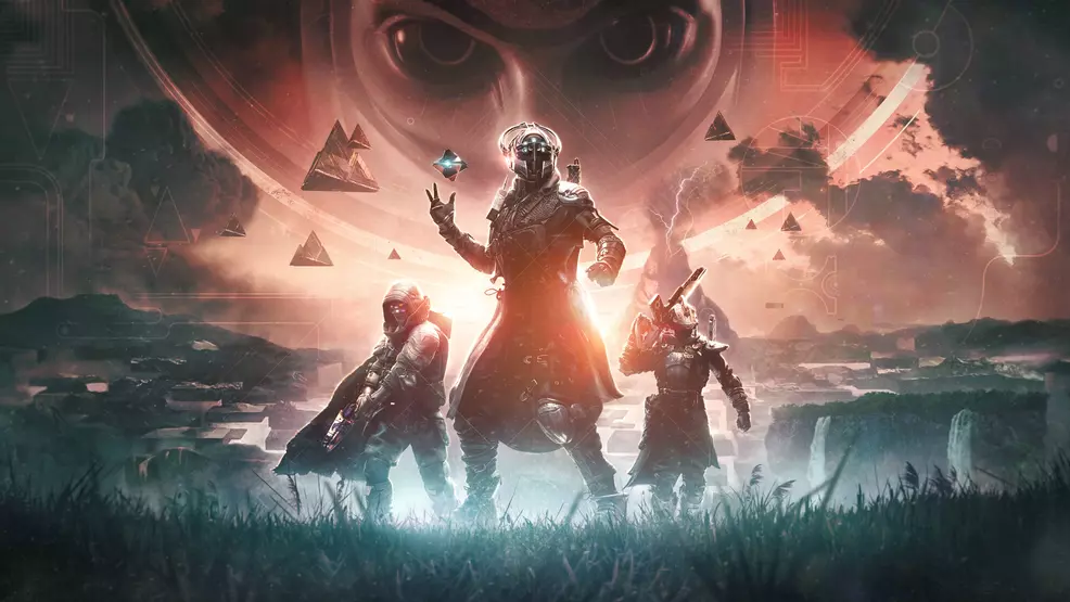 Promo image for The Final Shape, The Witness' face is in the background, three Guardians in the foreground