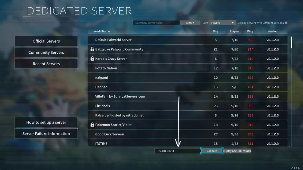 The community server list with an arrow pointing at the IP connect box