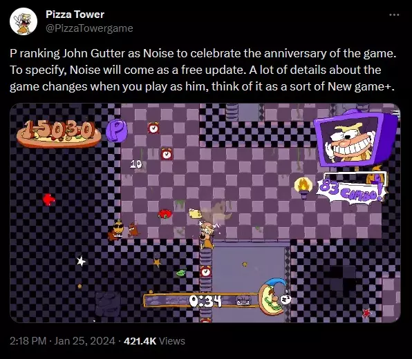 Pizza Tower твит о том, что Шум станет игровым персонажем в бесплатном обновлении. Pizza Tower твит о том, что Шум станет игровым персонажем в бесплатном обновлении.