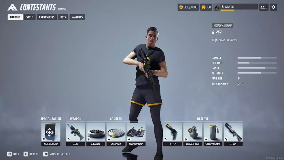 The equipment screen in The Finals showing the Reserve loadout