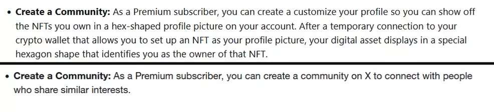 The compared Community sections of Twitter's Premium subscriber information page.