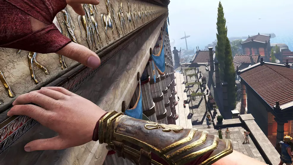 Parkour in Assassin's Creed Nexus VR as the player traverses the high-altitude ledge of a building