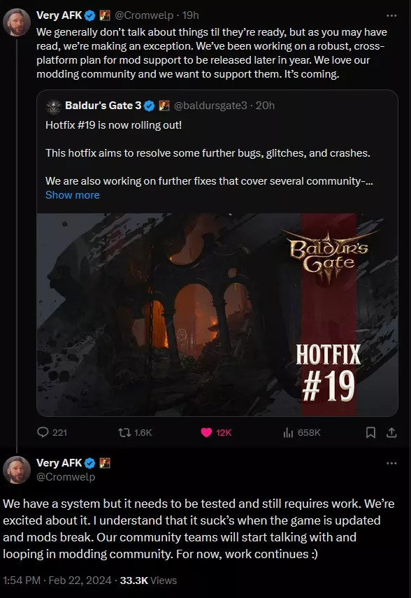 Michael Douse's tweets about Baldur's Gate 3 mod support