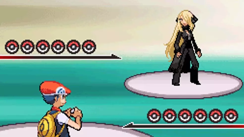 Cynthia and the Pokemon Diamond protagonist facing off before a battle.