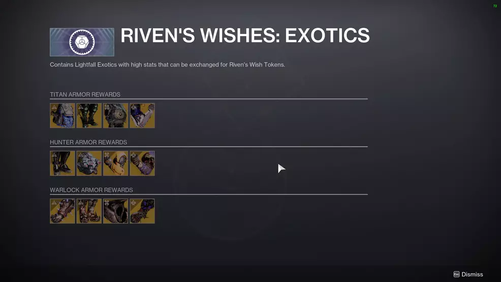 The Exotic armor rewards for Riven's Wishes