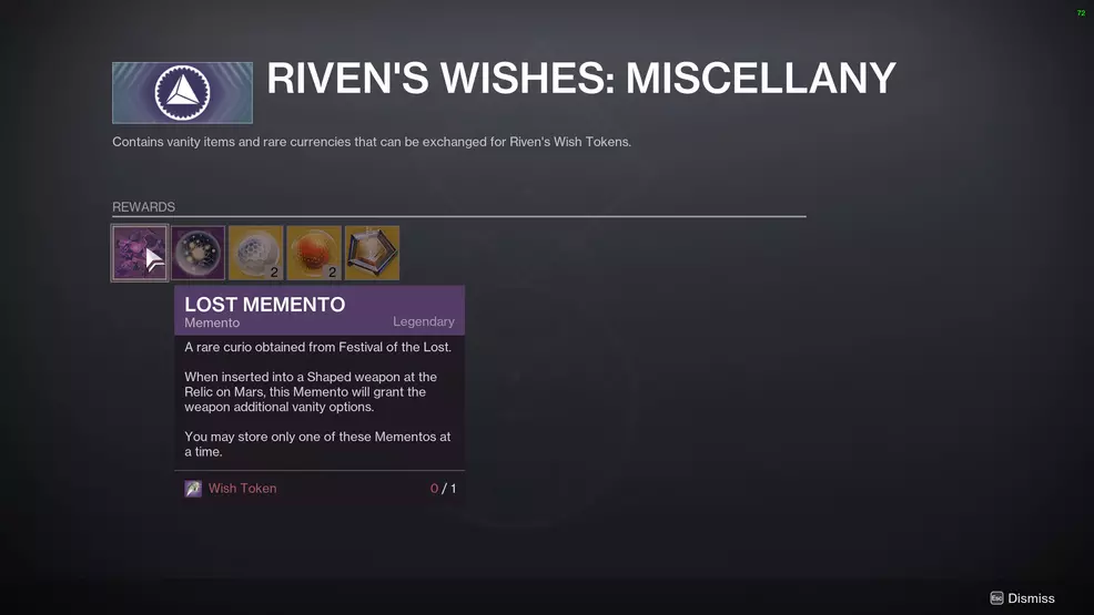 The memento rewards from Riven's Wishes