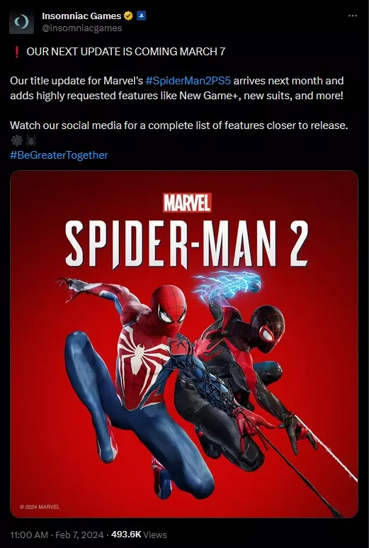 Insomniac Games tweet about Marvel's Spider-Man 2's New Game+ update in March.