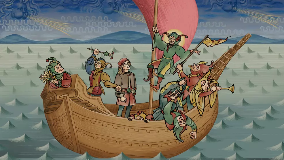 Characters in a boat atop water