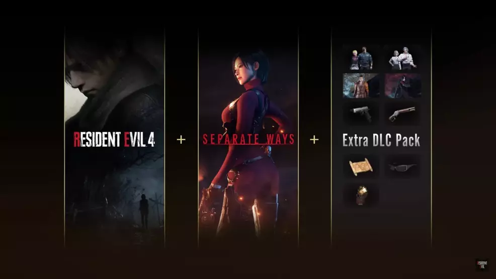 Resident Evil 4 Gold Edition contents, including the base game, Separate Ways DLC, and further premium DLC items.