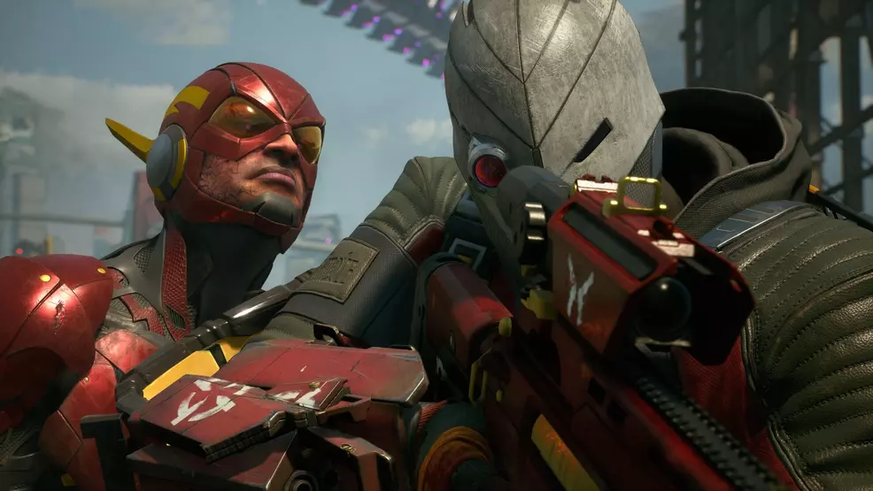The Flash looking over Deadshot's shoulder in Suicide Squad: Kill the Justice League