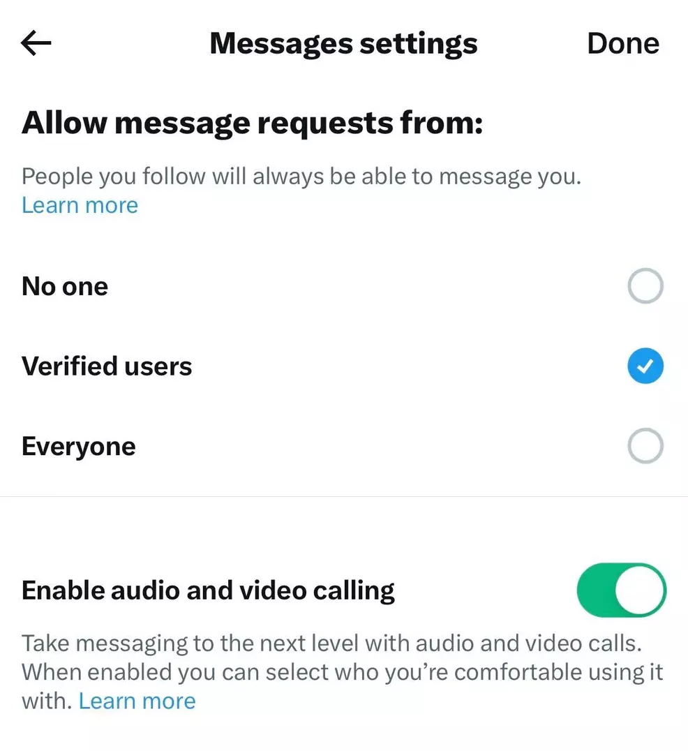 The DM settings screen on the Twitter app.