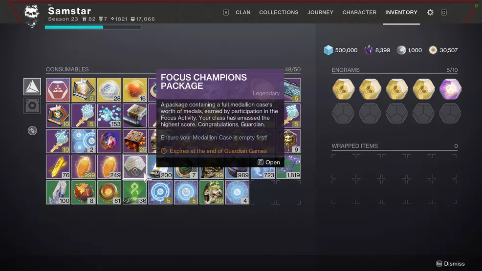 Inventory screen showing the Focus Champions Package