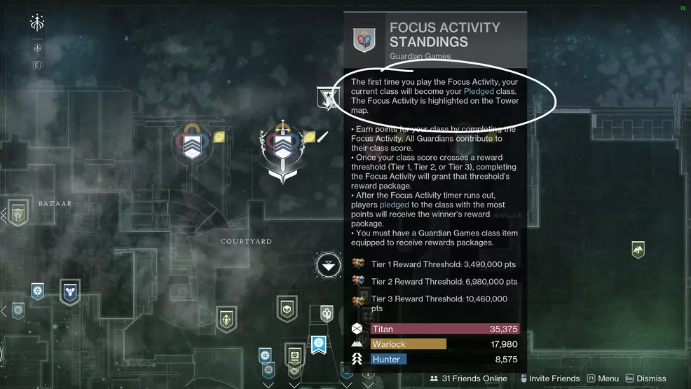 The in-game prompt explaining how to pledge a class during the Focused Activity