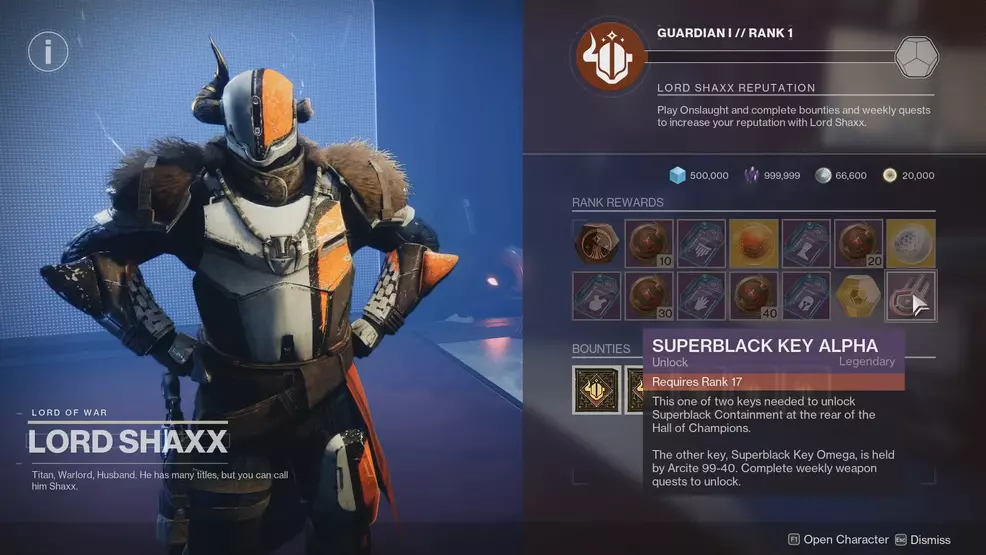 Lord Shaxx offering the Superblack Key Alpha