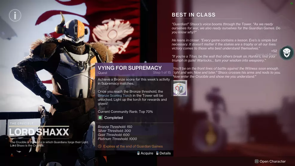 Shaxx offering the Vying for Supremacy quest