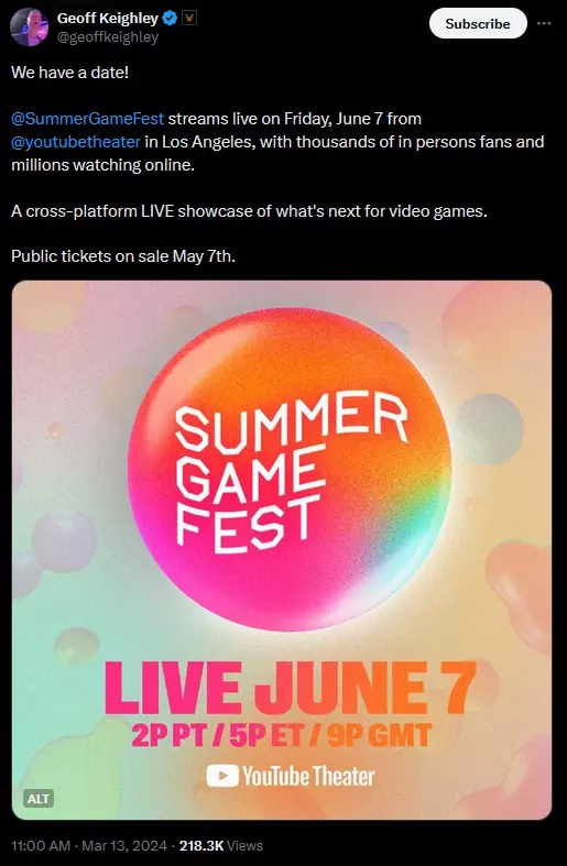 Geoff Keighley's Summer Game Fest 2024 dates reveal tweet.