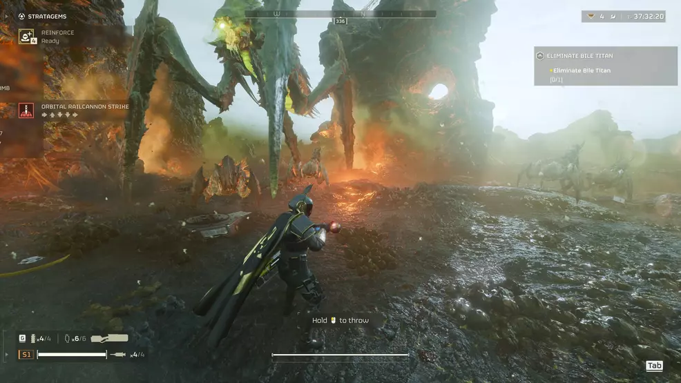 A Helldivers call in an Orbital Railcannon Strike on a Bile Titan