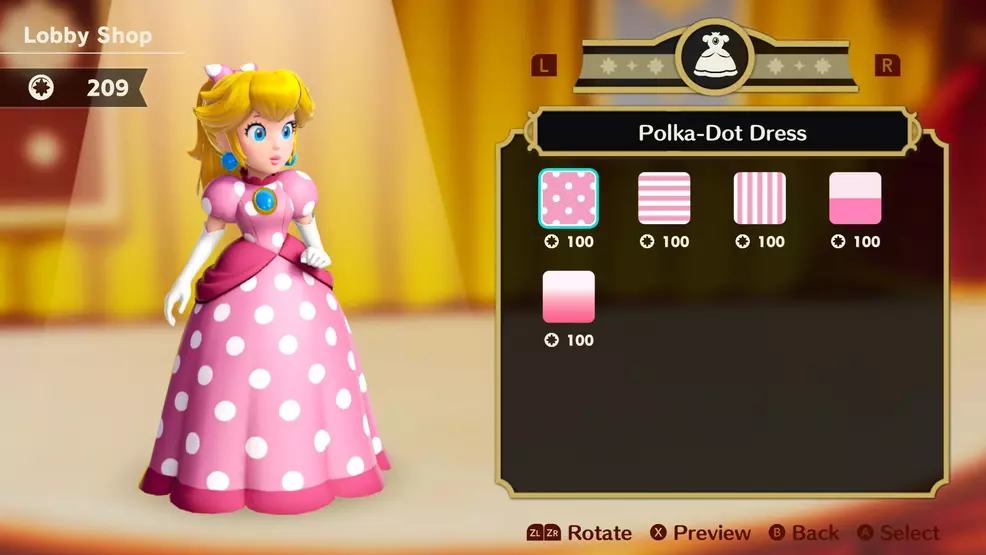 Cosmetic options for Peach in Princess Peach: Showtime