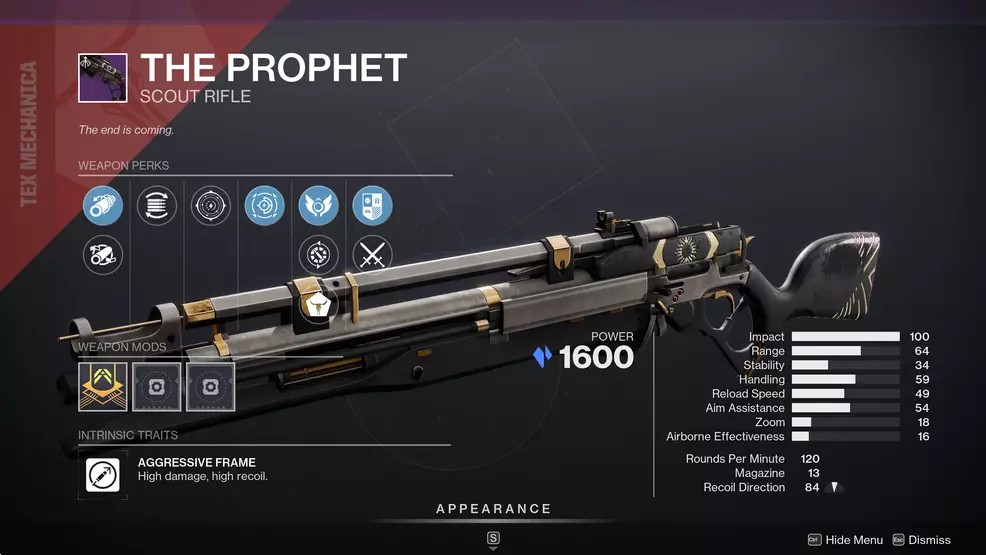 An image showing The Prophet Scout Rifle in Destiny 2, including its perks