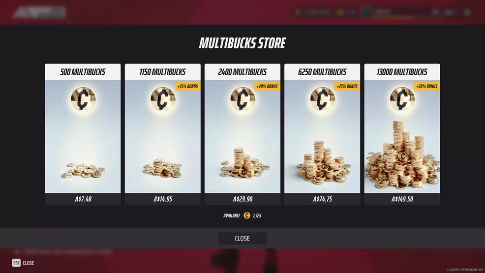 The Finals store showing the cost of Multibucks bundles