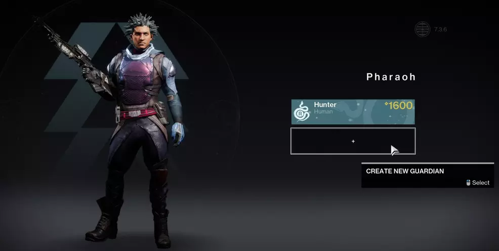 The Destiny 2 character select screen, featuring my Hunter, Pharaoh.