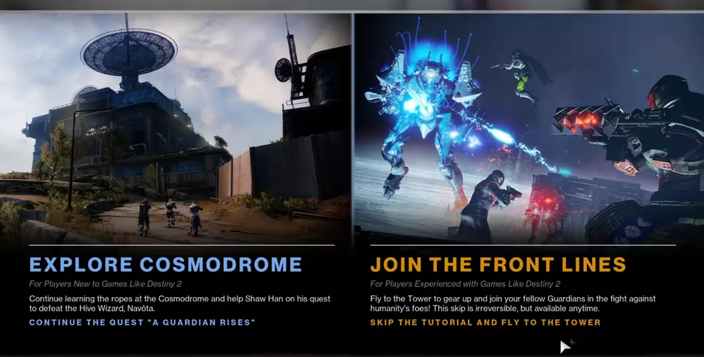 A page displaying two options for the player: Continue the tutorial and skip it and go straight to the Tower.