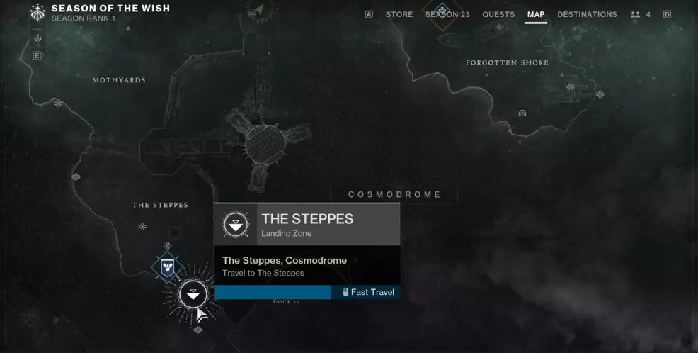 A screenshot of the Cosmodrone map, with the cursor hovering over The Steppes.