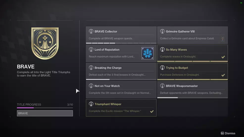 The in-game screen showing the Triumphs for the BRAVE Title