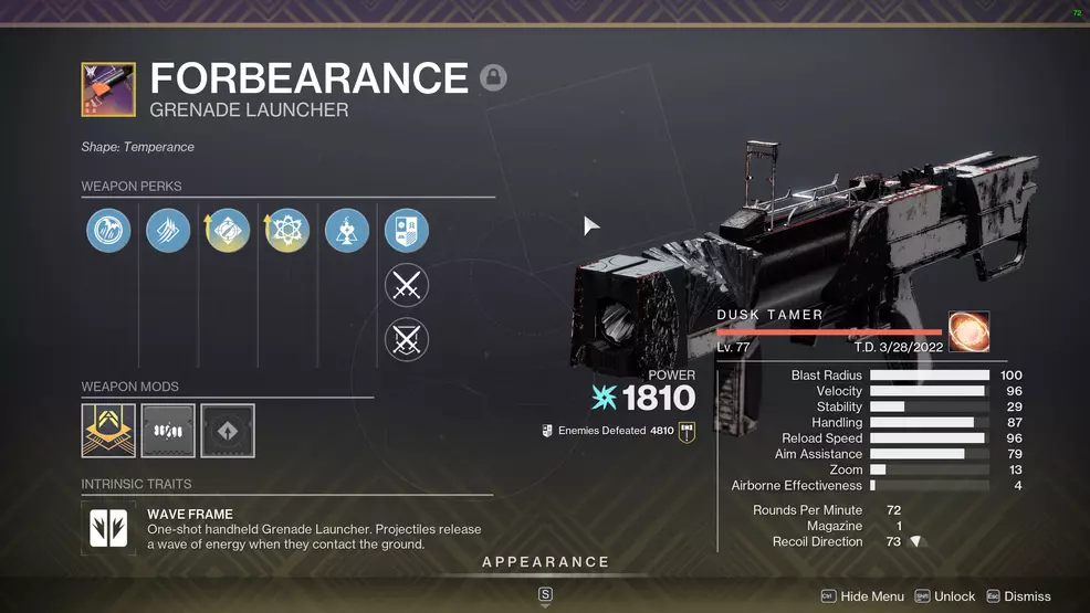 Forbearance, a breech-loaded grenade launcher in Destiny 2