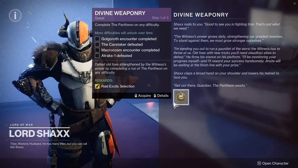 Shaxx gives the player the Divine Weaponry quest