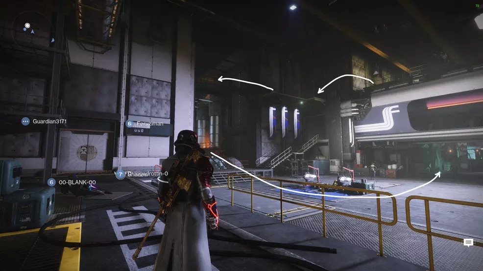 The player looking at the catwalk above the entrance to the Hangar