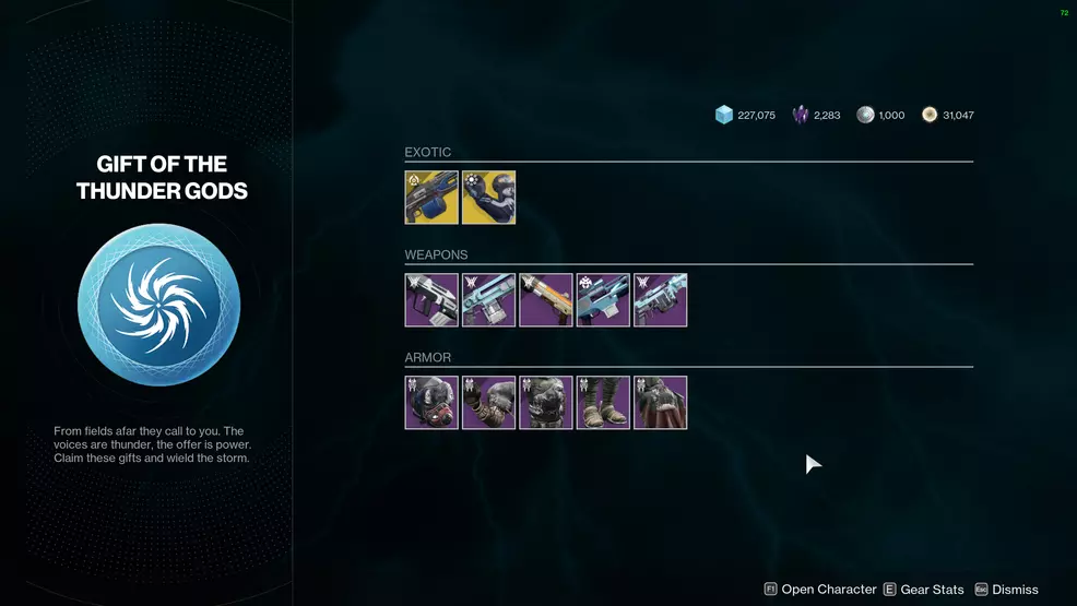 The Gift of the Thunder Gods screen showing armor and weapons