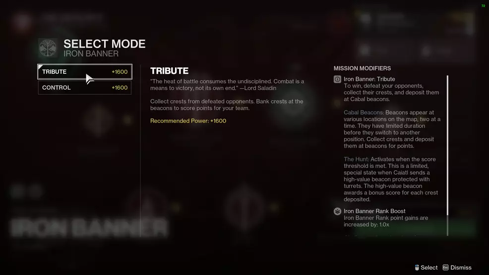 The Iron Banner screen showing Tribute mode