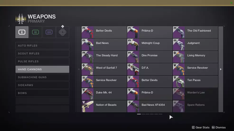 Collections screen showing several sunset weapons