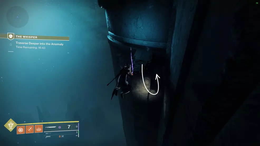 The player shows a wider angle of the ledge with a hidden path below it