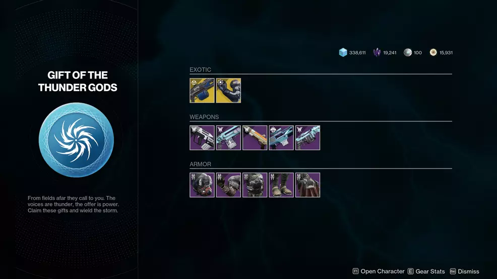 An image showing the Gift of the Thundergods in Destiny 2.