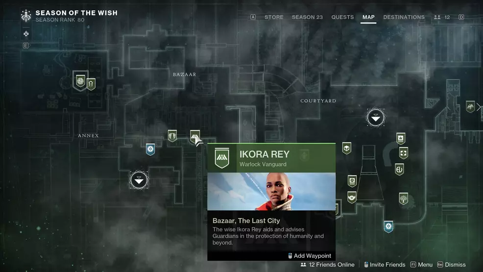 This is an image showing Destiny 2 players the location of Ikora Rey in the Tower.