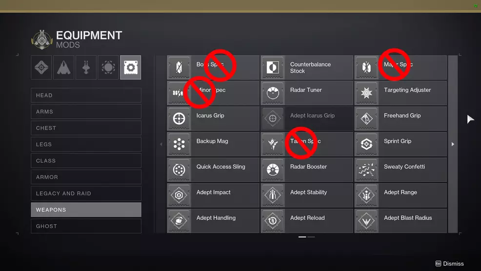 The collections screen showing mods with cancel marks over the Spec mods