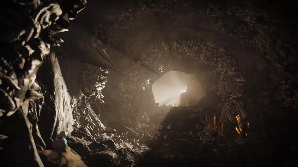 A narrow Hive tunnel covered in chitin