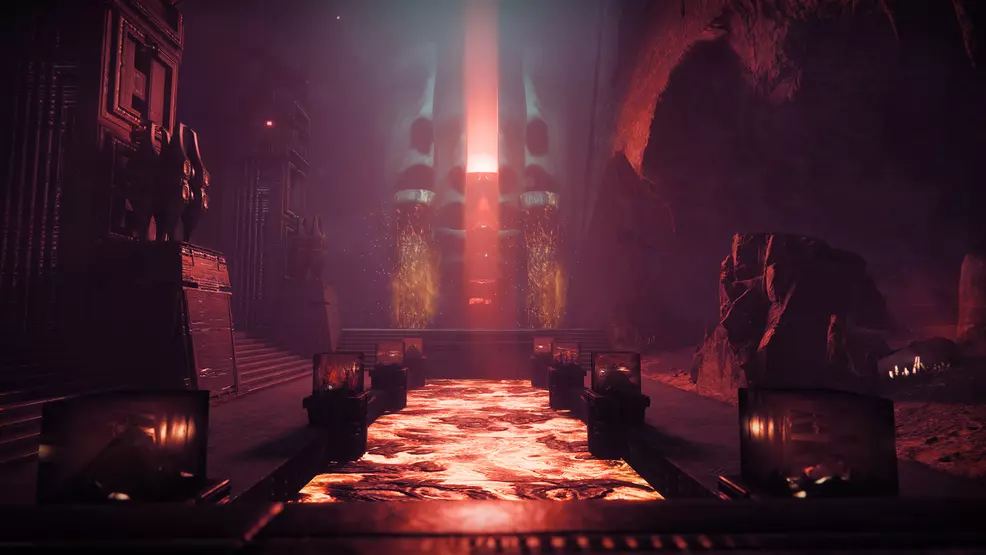 A room with bizarre architecture, lava flows in the middle