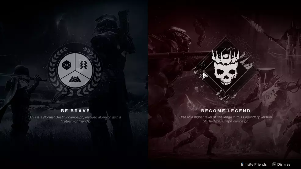 A screen showing a Final Shape campaign choice between Normal or Legend difficulty.
